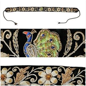 Zardozi Belt Hand Embroidered On Black Velvet Wired Jeweled Floral & Peacocks